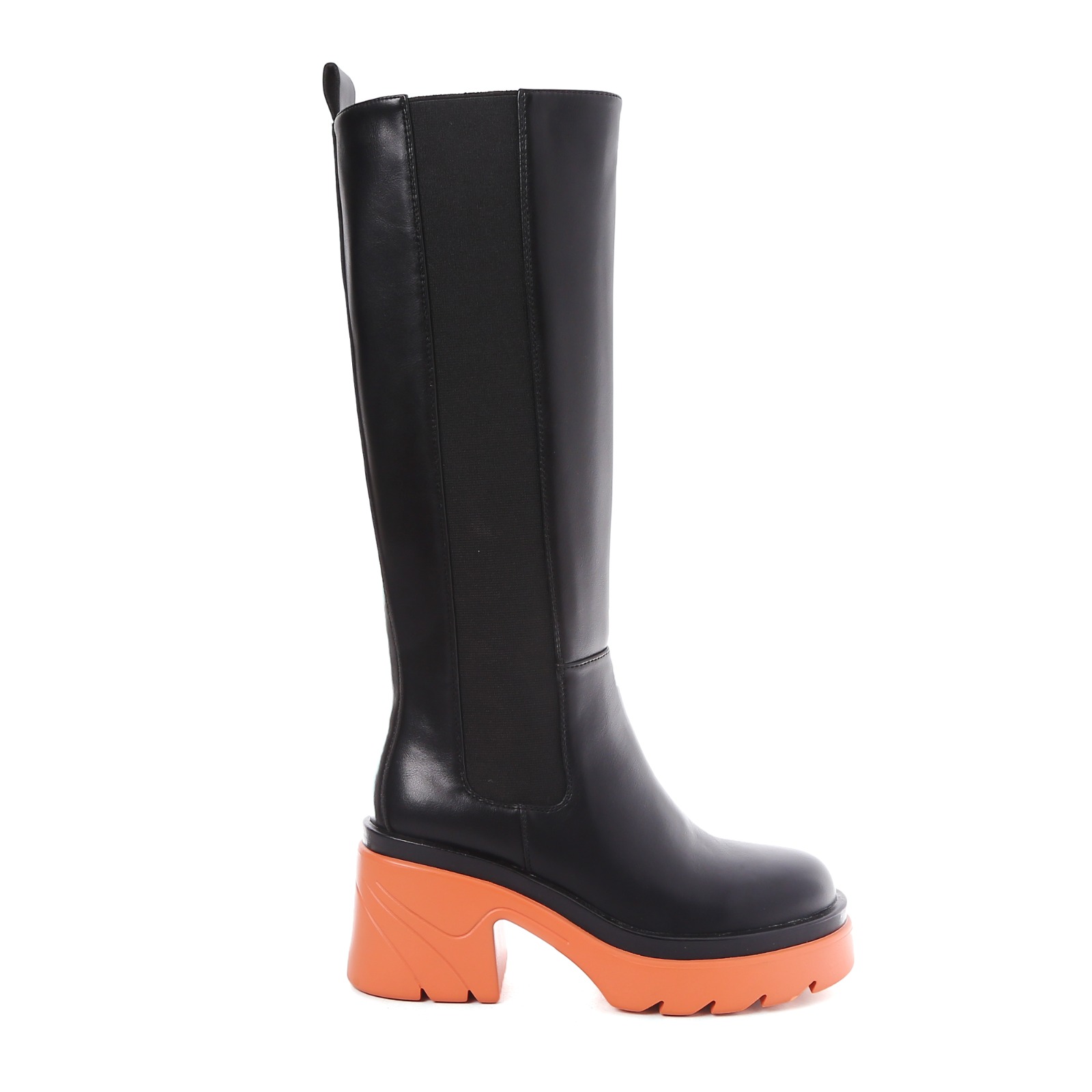 Stiefel in Schwarz mit orangenem Blockabsatz Seitenansicht rechts